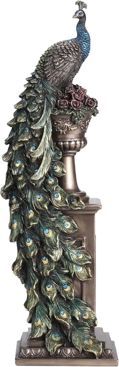 Veronese Design 13 5/8 Inch Peacock Perching On Column Vase Cold Cast Resin Bronze Finish Sculpture Animal Home Decor Statue