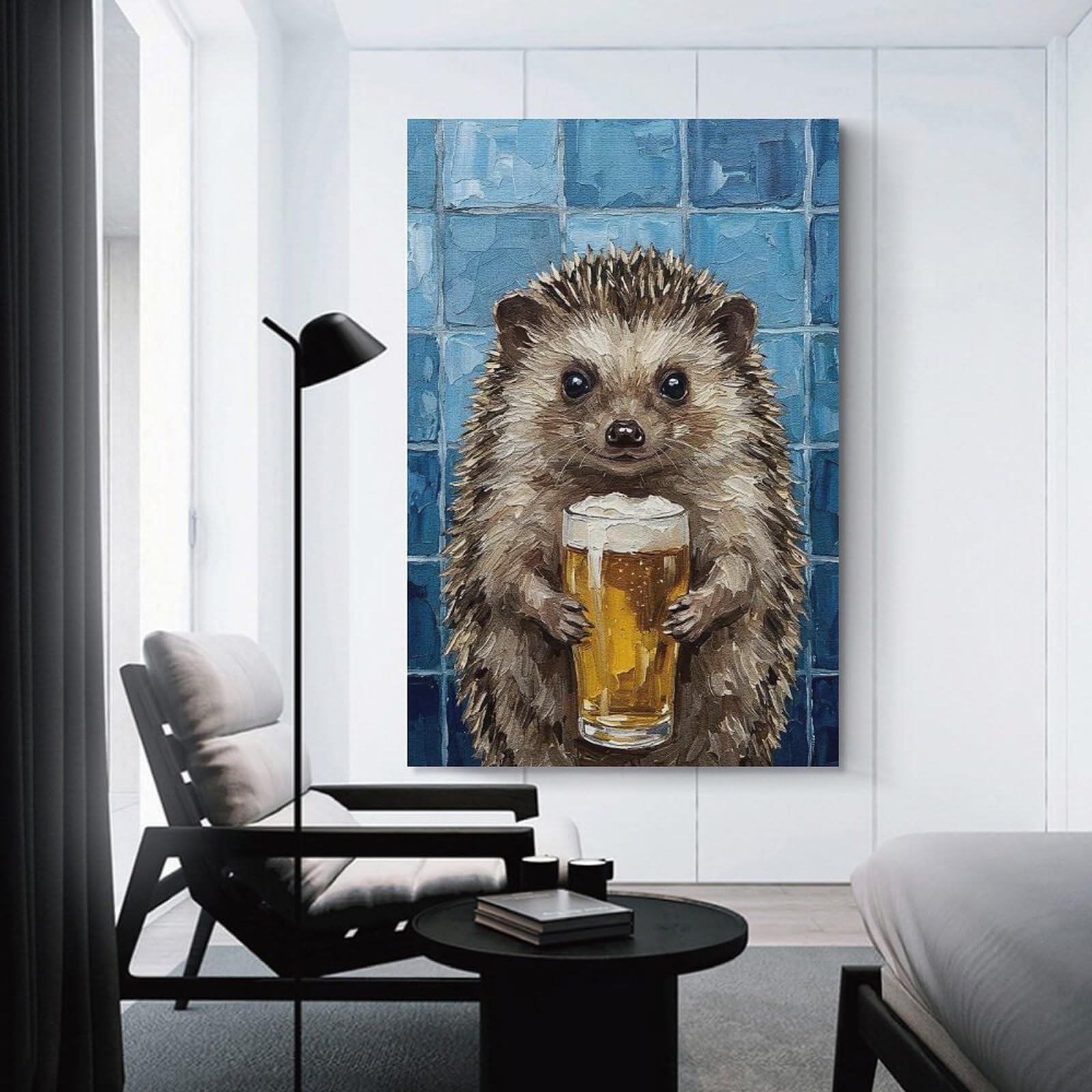 Junmoney Unframe-Style-10 Hedgehog With Beer Painting Home Decor Wall Art 24X36inch(60X90cm), For Bedroom, Guest Room Or Reading Nook, Decorative Wall Art For Cosy Rooms