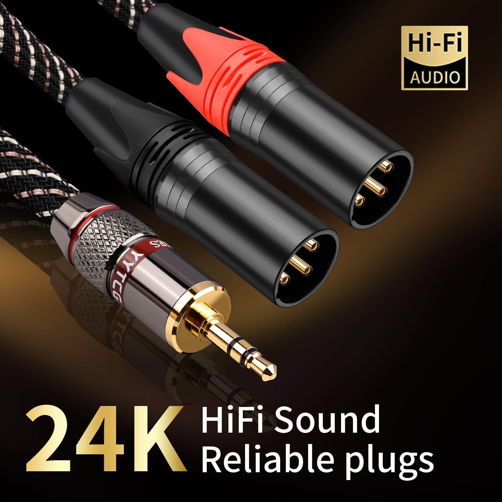 Audiophile Y-Splitterkabel, 3,5 mm auf Dual-XLR-Stecker, 15 AWG, 4 N OFC-Kern, 24 K vergoldete Stecker mit Nylongeflecht für Studioaufnahmen, Heimkino, Lautsprecher, HiFi-Audio-System (0,5 m)