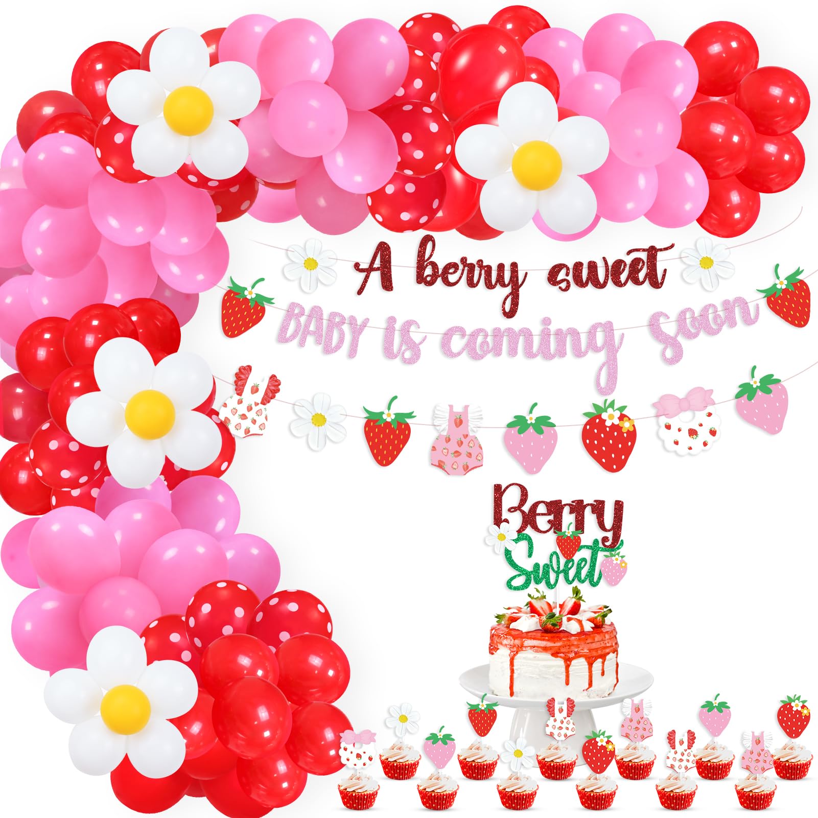 Strawberry Baby Shower Balloons Garland Kit Decor, A Berry Sweet Baby is Coming Soon Strawberry Party Supplies, Strawberry Banner Toppers Balloons for