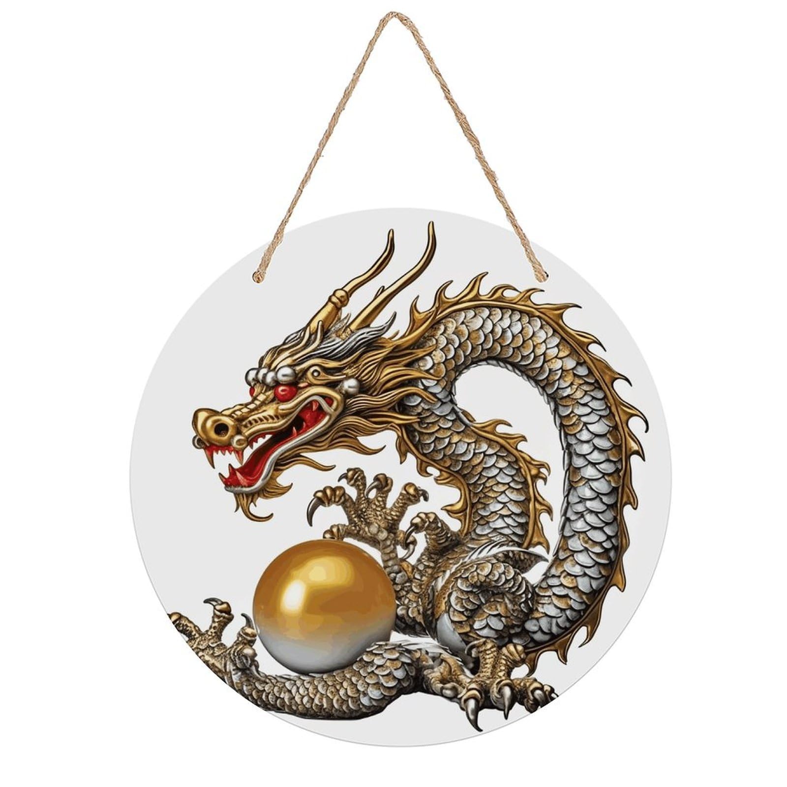 VstaDank Chinese Dragon with Pearl Wooden Wall Art Decor Round Wood Plaque Wooden Door Hanger Sign with Hole And Hanger Rope Trend Wood Decorative Paintings for Home Outdoor Indoor 7.87 Inch