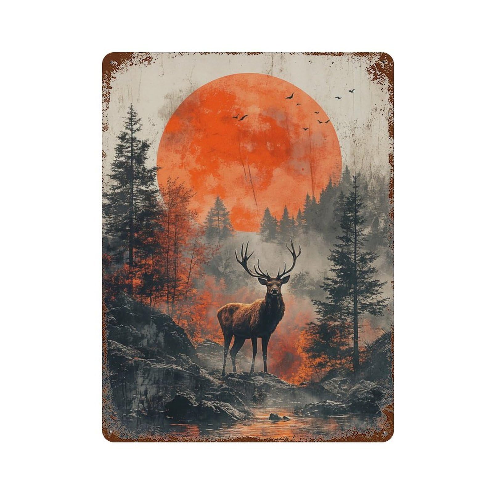 Stag in Forest with Red Moon Vintage Metal Tin Sign 15.7"x11.8", Ideal for Living Room, Hallway And Home Decor