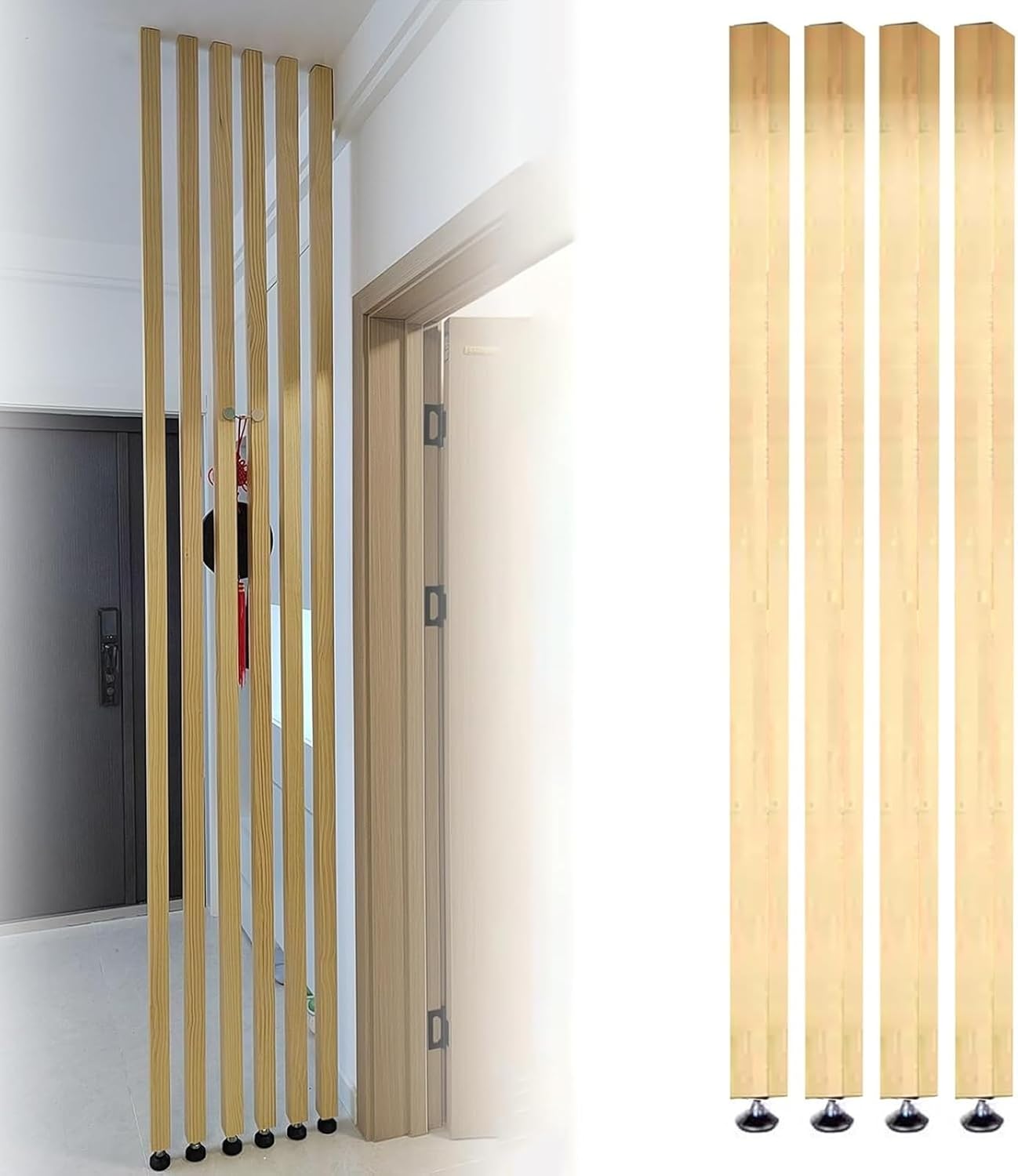 Modern Freestanding Wall Partition Room Divider - 5 Pack Floor to Ceiling Wooden Slats Privacy Screens for Office, Restaurant, and Entrance Decor (2.3-7.9ft Height)