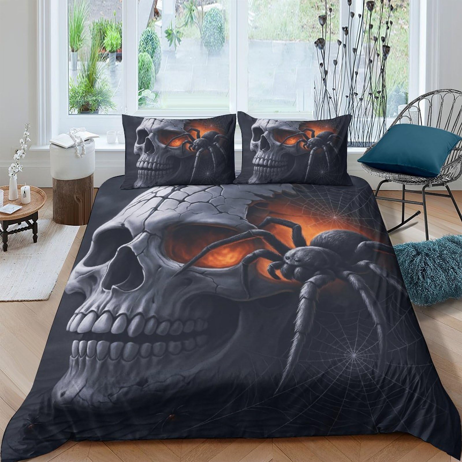 Ctjqhvkz Style-6 3D Printed Skull Spider Fitted Sheet Microfiber Black Gothic Mattress Cover Bedroom Decor Easy Care Single（135X200cm）