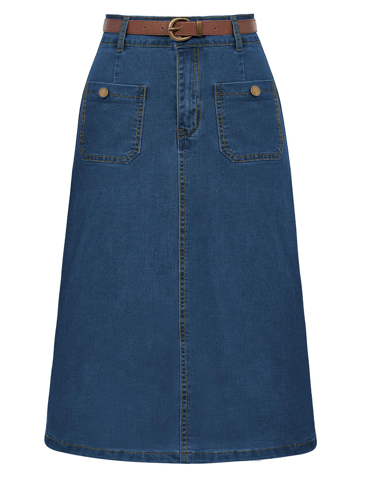 Belle Poque Denim Skirts for Women Midi Length High Waisted Jean Skirt with Pockets