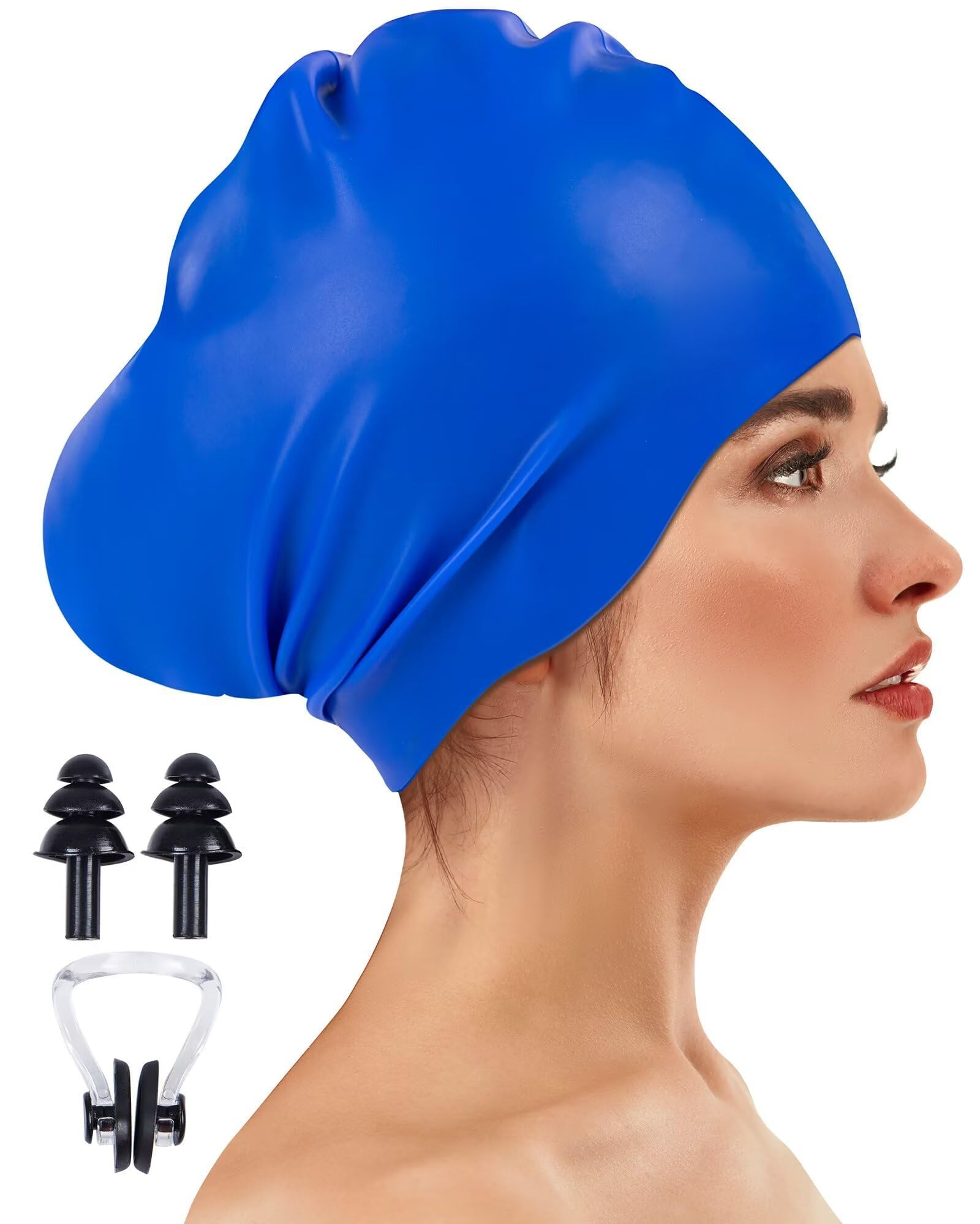 Large Long Hair Swim Cap with Extra Room for Women Men, Silicone Swimming Cap for Long Thick Hair with Ear Plugs Nose Clip Set, Adult Waterproof Swim Hats Bathing Caps to Keep Hair Dry