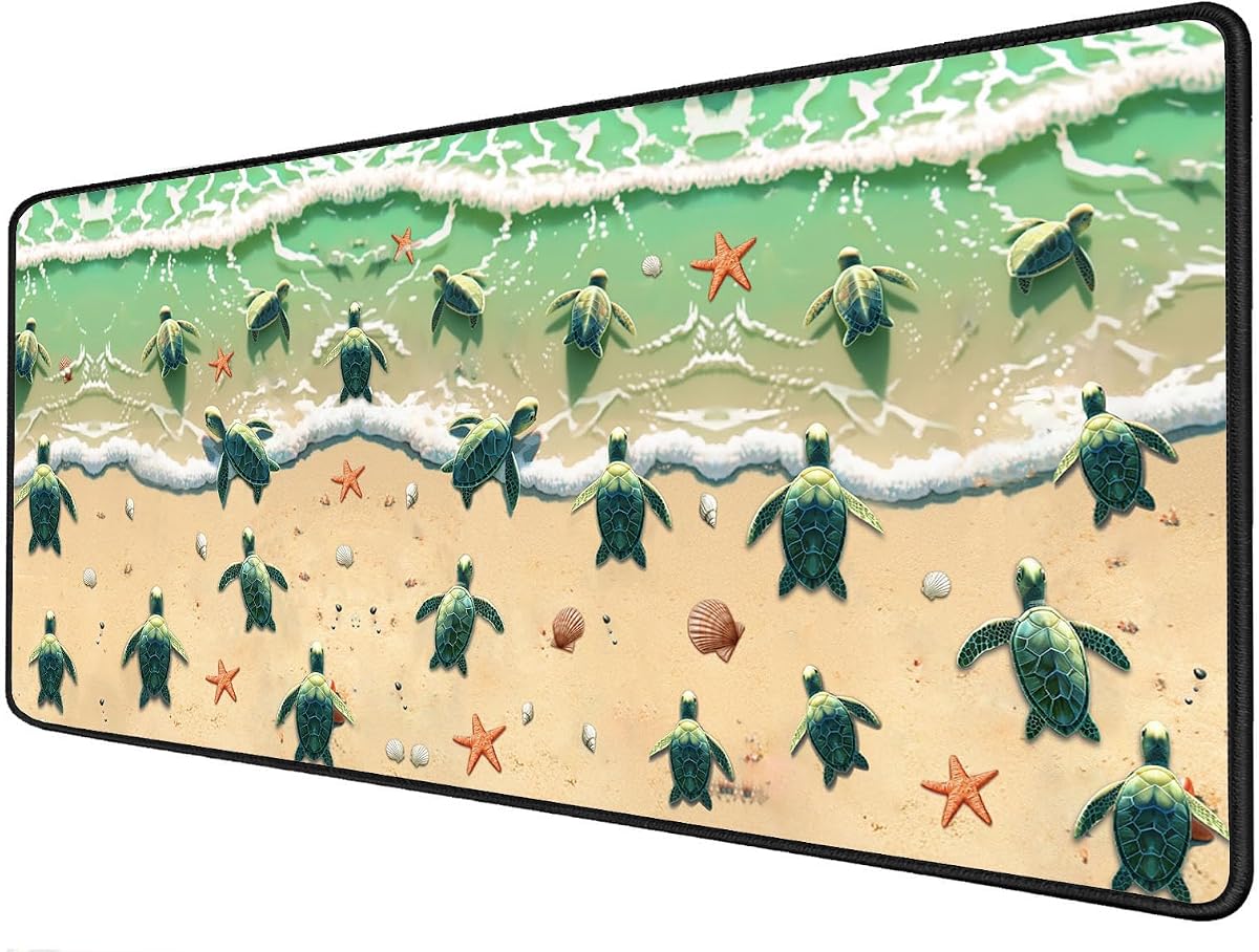Extended Mouse Pad Large Gaming Mouse Pad Computer Keyboard Mouse Mat Non-Slip Rubber Base for Game Players, Office, Study + Cup Coaster,Sea Turtles on The Beach, Starfish Shell Blue Ocean