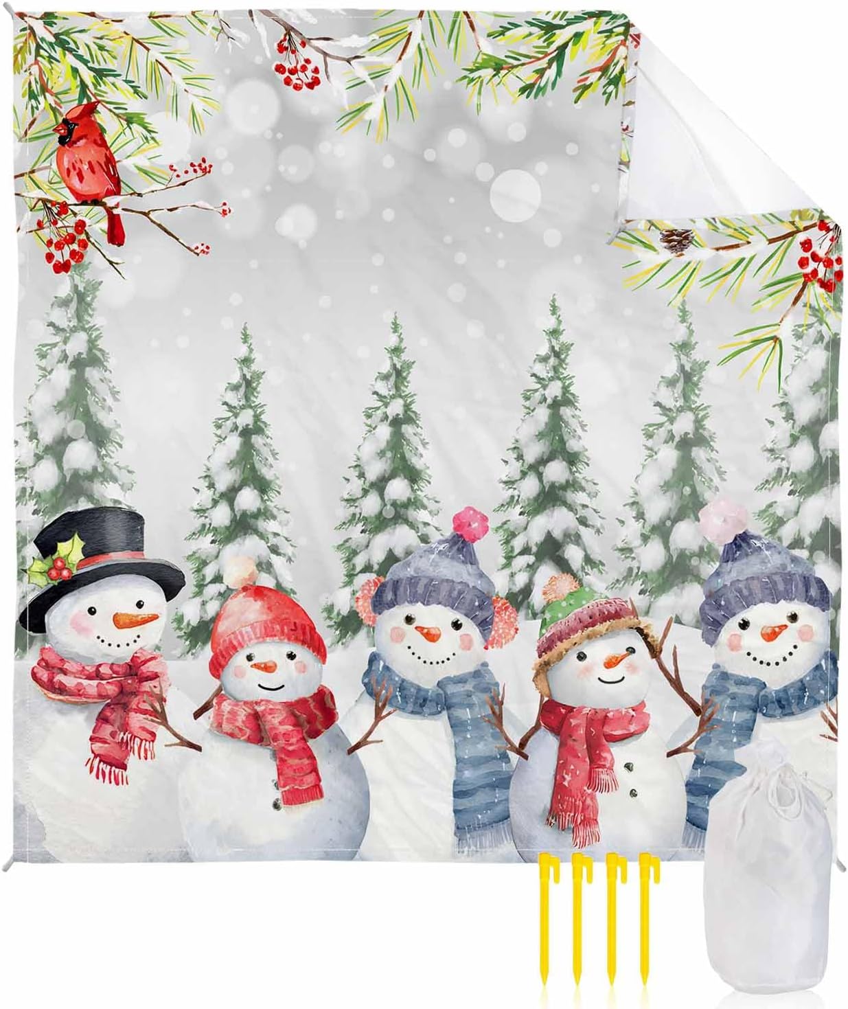 Smile Sunflower Beach Blanket, Merry Christmas Cute Snowman and Birds Beach Mat 83"x79" Large Picnic Blanket,Sandproof Waterproof Outdoor Beach Blankets for Travel Camping Hiking Beach Vacation