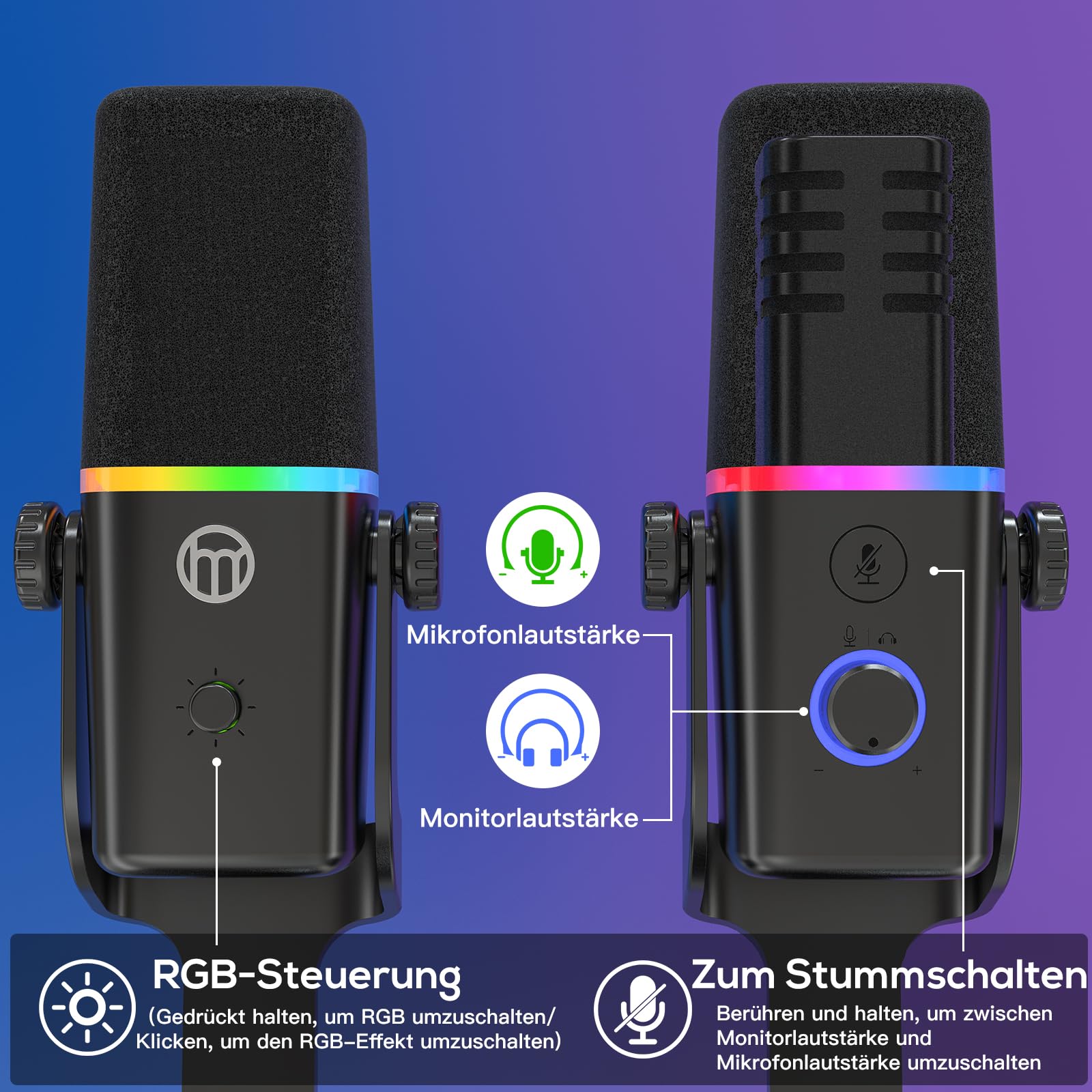 Haomuren Dynamisches Mikrofon XLR/USB für Gaming-Podcast, für *Phone,Telefon,PC,Gaming-Streaming-Mikrofon mit RGB-Licht, Stummschalttaste, Mikrofonverstärkung, Desktop-Ständer, Singen, YouTube