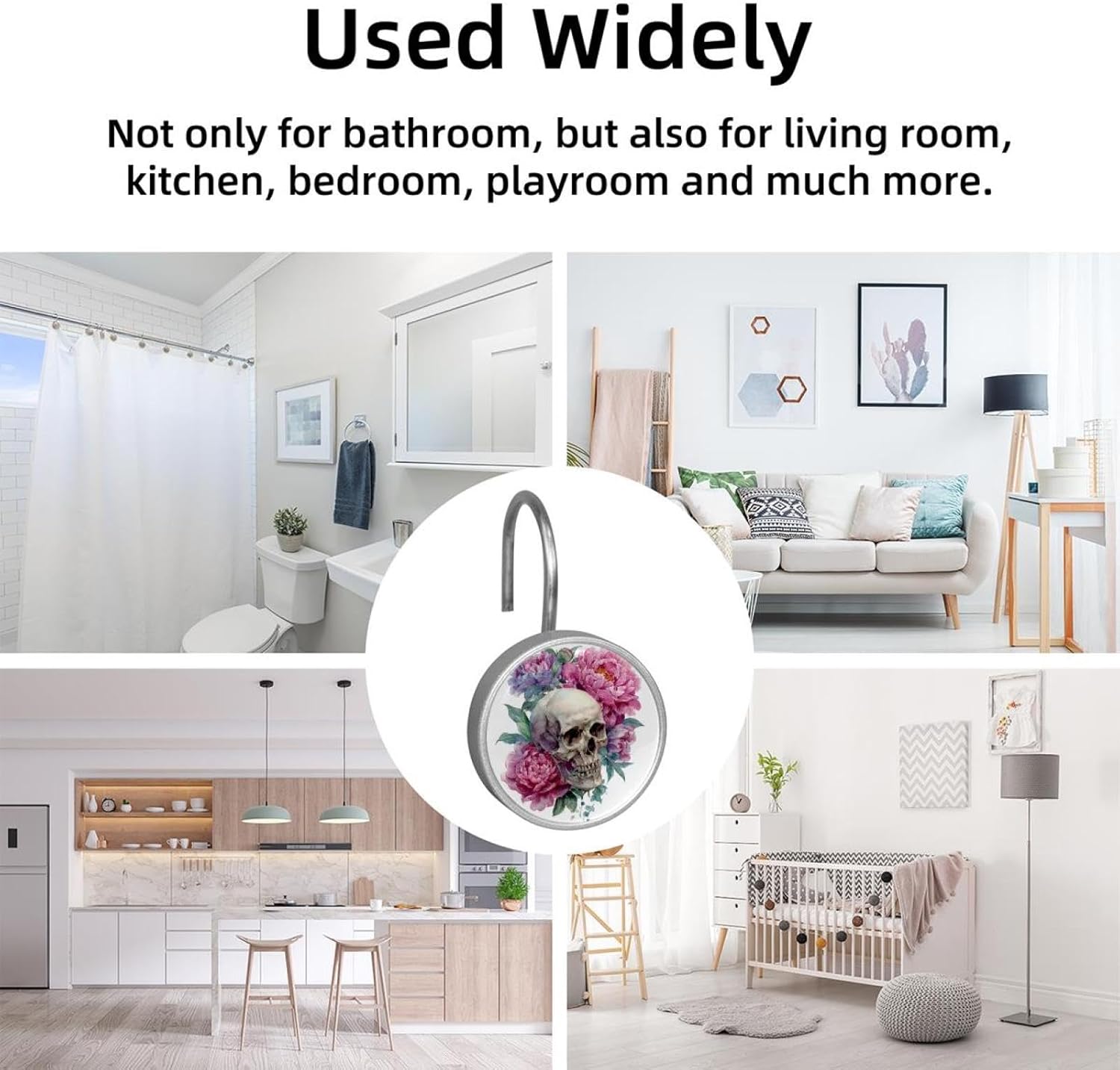 Watercolor Skull and Peonies Flowers (10) Shower Curtain Hooks,Set of 12 Shower Curtain Rings,Shower Hooks for Curtain Shower Rings,Rust Proof Metal Shower Hooks