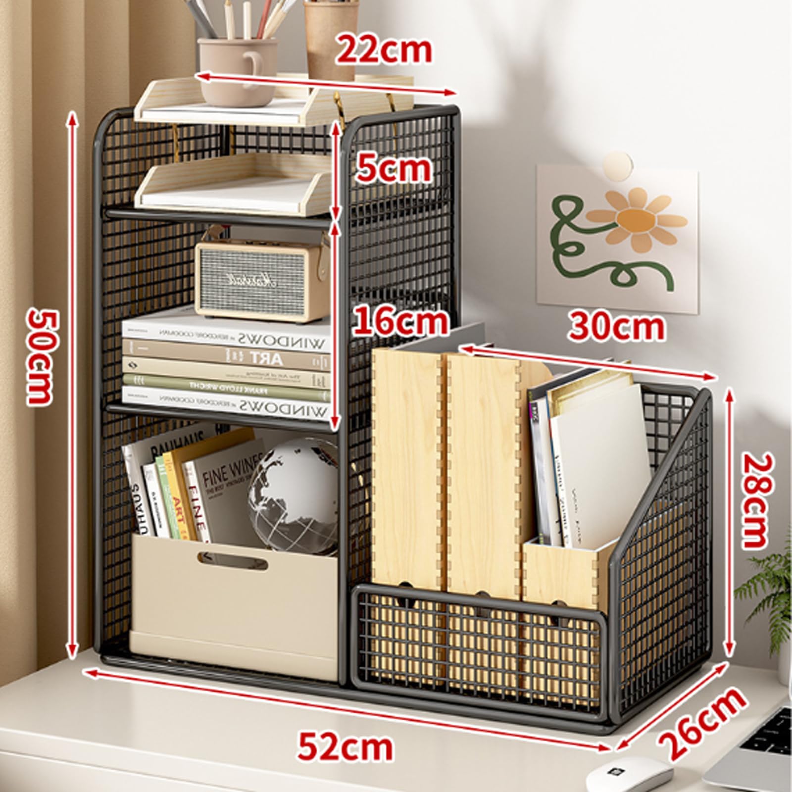 Organizer da scrivania in Rete con Porta cancelleria, ripiano per scrivania in Rete Metallica per Documenti cartacei e organizzazione di cancelleria, Design Resistente ed Elegante per Uso do