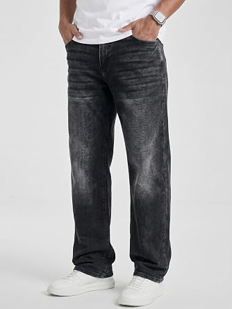 JMIERR Men's Baggy Stretch Denim Jeans Loose Straight Leg | Baggy stretch denim jeans for men, loose straight leg fit, metal button zip fly, 5-pocket, all season wear, machine wash