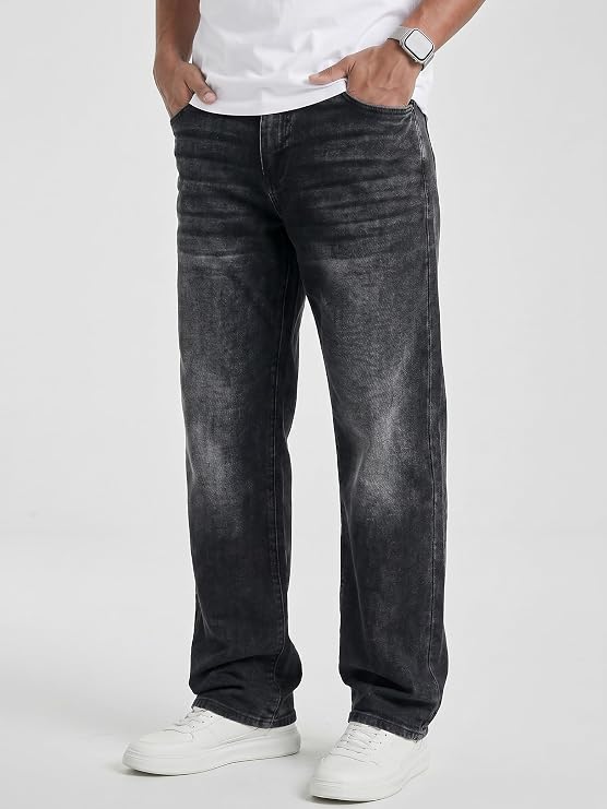 JMIERR Men's Baggy Stretch Denim Jeans Loose Straight Leg | Baggy stretch denim jeans for men, loose straight leg fit, metal button zip fly, 5-pocket, all season wear, machine wash