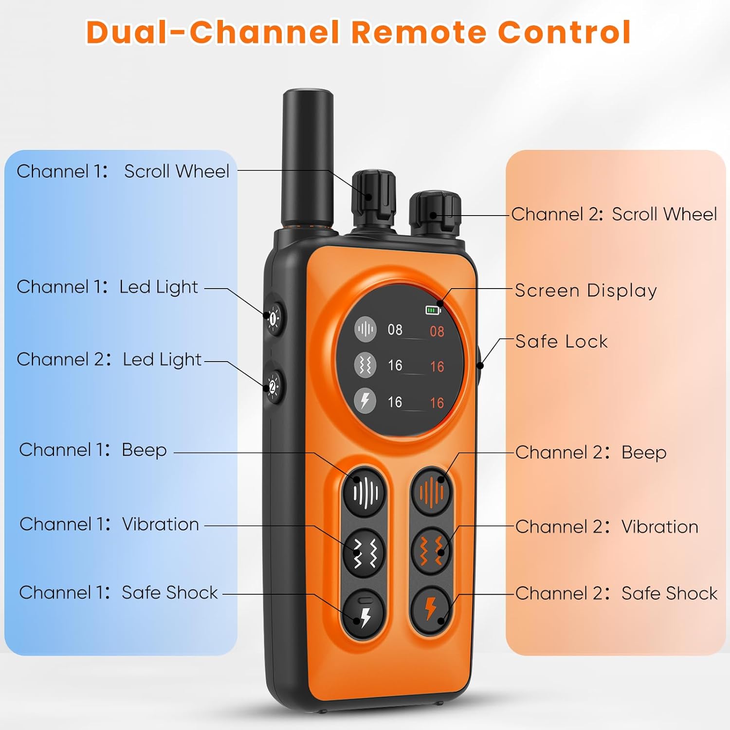 Dog Shock Collar 2 Dogs, 3300ft Dog Training Collar with Remote, Real-time Dual-Channel Remote with 3 Training Modes, Beep, Vibration, Safety Shock, Light, Fits 8-120 lbs All Breeds Sizes - Orange