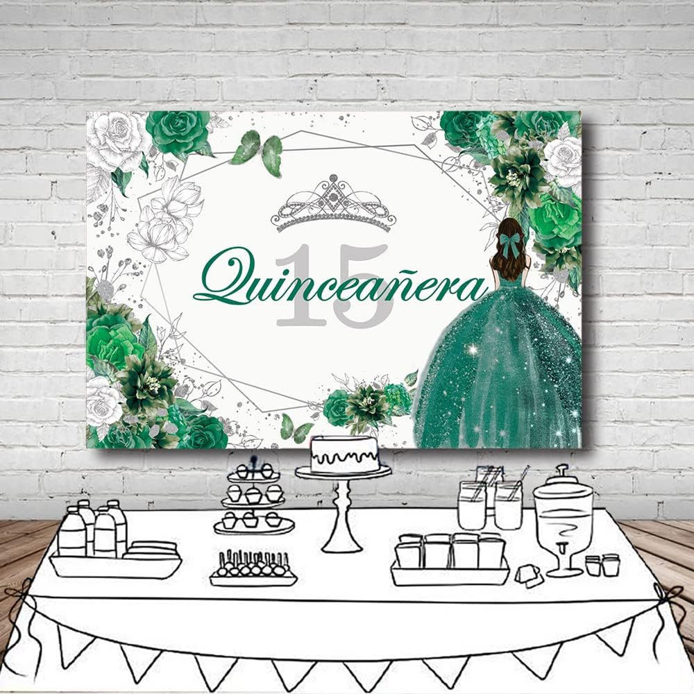 MEHOFOND Quinceanera Backdrop Sweet 15 Girls Miss Quince Banner Green and Sliver Rose Crown QuinceañEra Backdrop Girl in Princess Dress Fifteen Birthday Party Decorations Photo Background Props 8x6ft