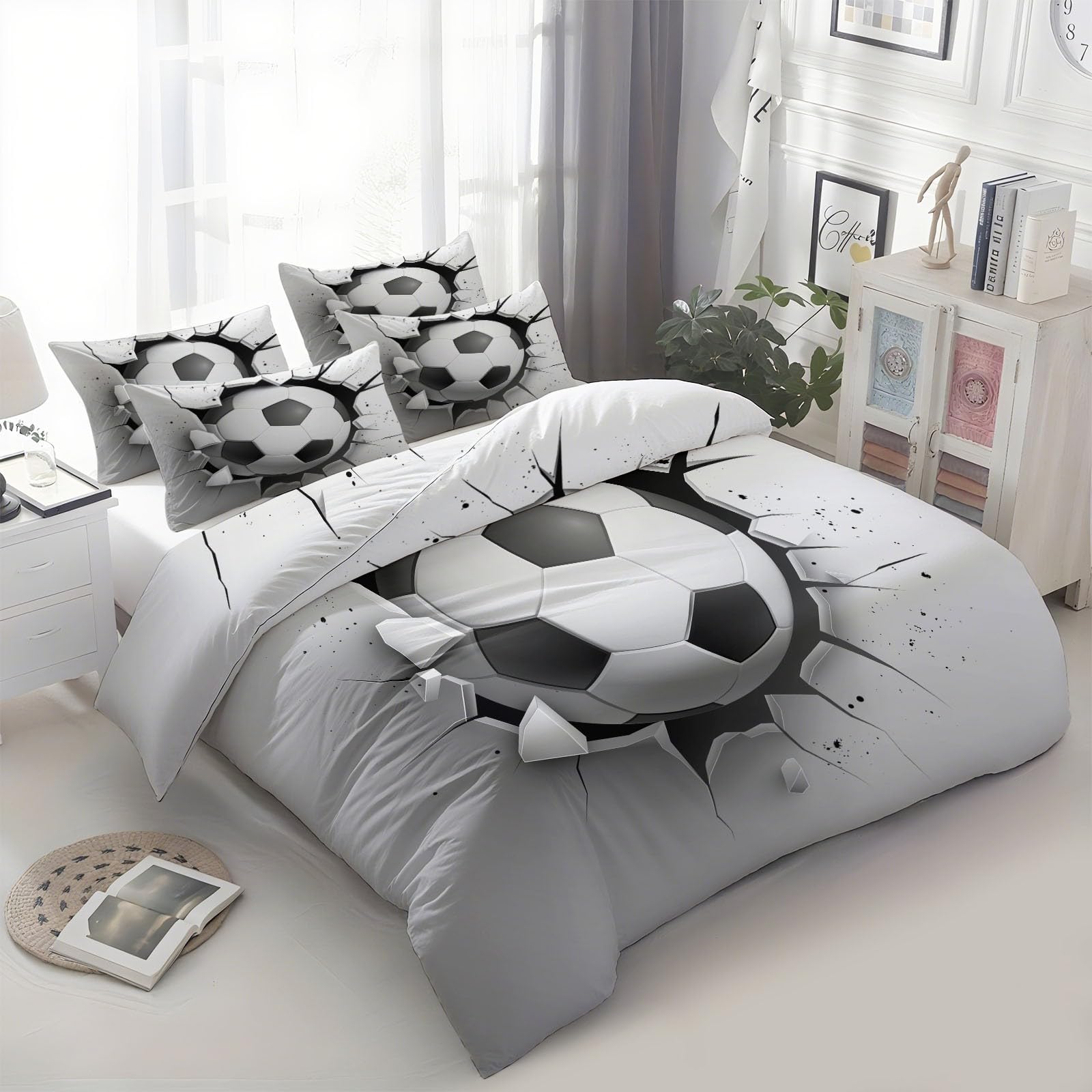 Juego de Funda Nórdica 3 Piezas para Cama 105 - Funda Edredón Reversible 180x220 cm Balón De Fútbol Pared Dibujo Animado, Ropa de Cama Gris para Cama Individual y Matrimonio