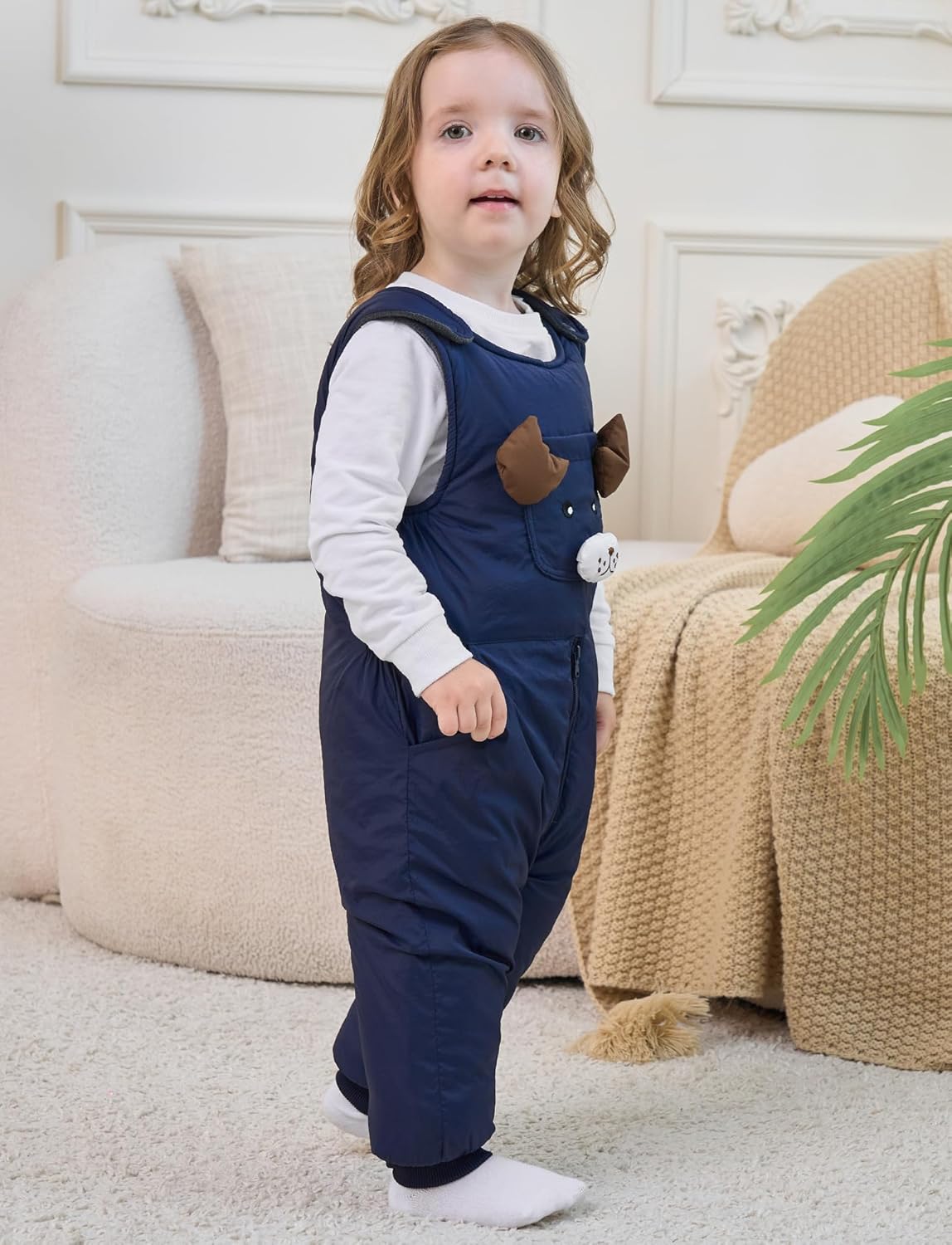 Happy Cherry Toddler Boy Girls Winter Warm Fleece Line Bib Pants Cartoon Snow Ski Overall Insulated Zip Up Bibs Snowsuit