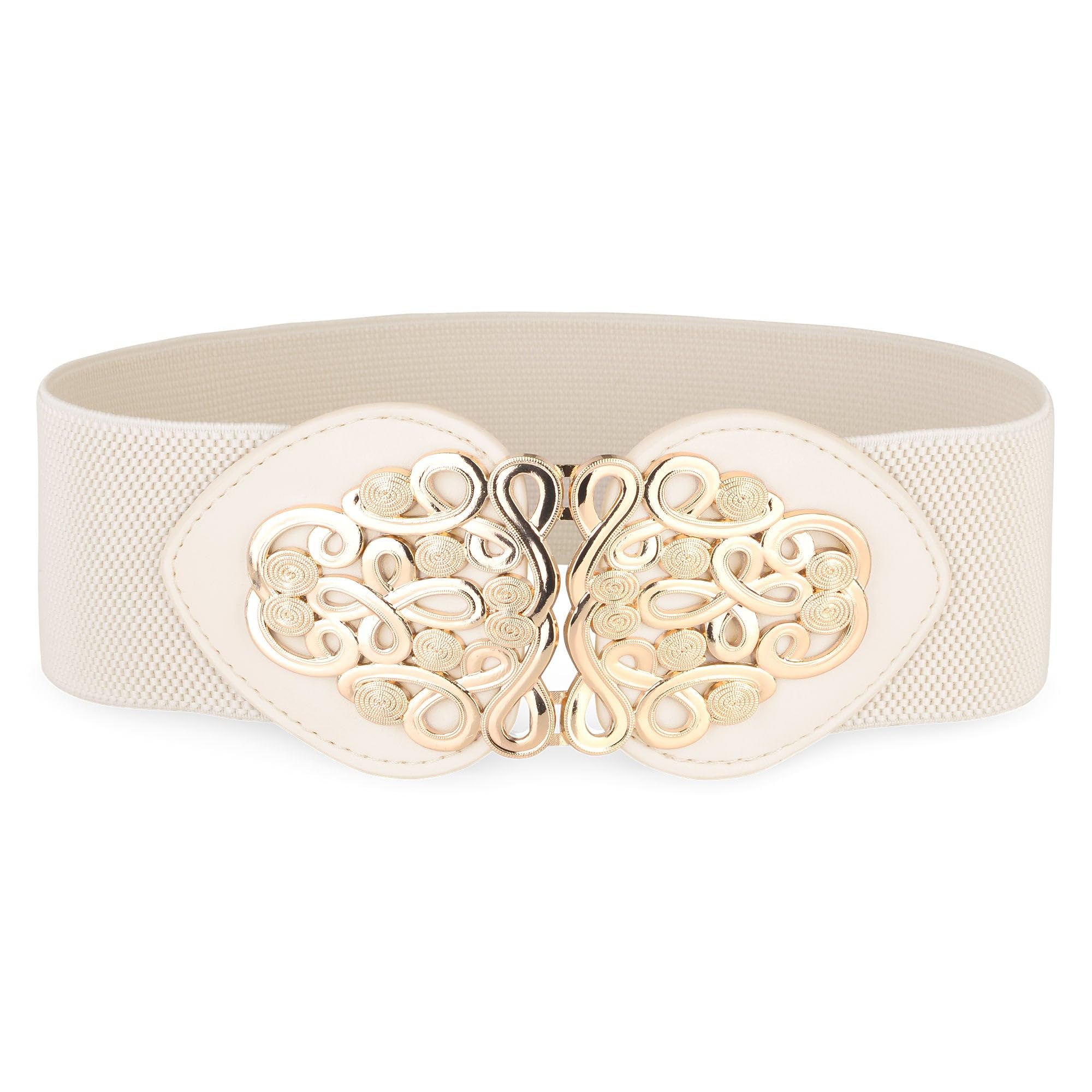 BlackButterfly Wide Elastic Cinch Stretch Waistband Retro Gold Medusa Buckle Waist Belt (Beige, L)