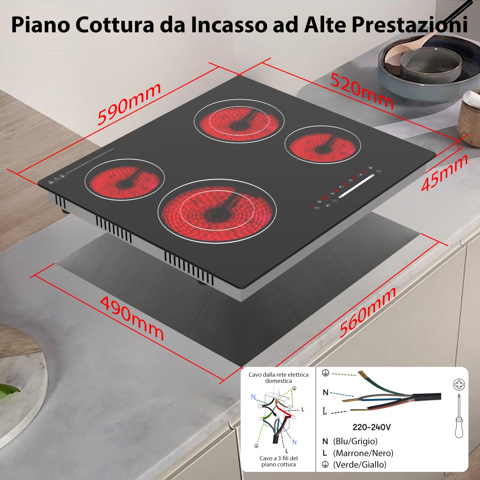 Piano Cottura in Vetroceramica 60 cm, 4 Zone, 6700W, Comandi Touch, Timer, Blocco Bambini, Superficie in Vetro Nero, Compatibile con Tutte le Pentole, Collegamento Fisso