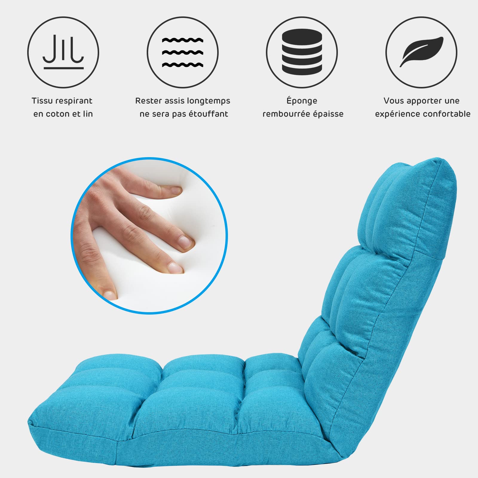 COSTWAY Chaise de Sol pour Méditation - 14 Positions Réglable Cadre en Acier Robuste Tissu en Coton et Lin Respirant,Housse Amovible et Lavable Idéal pour Salon et Salle d'étude (Bleu Poan)