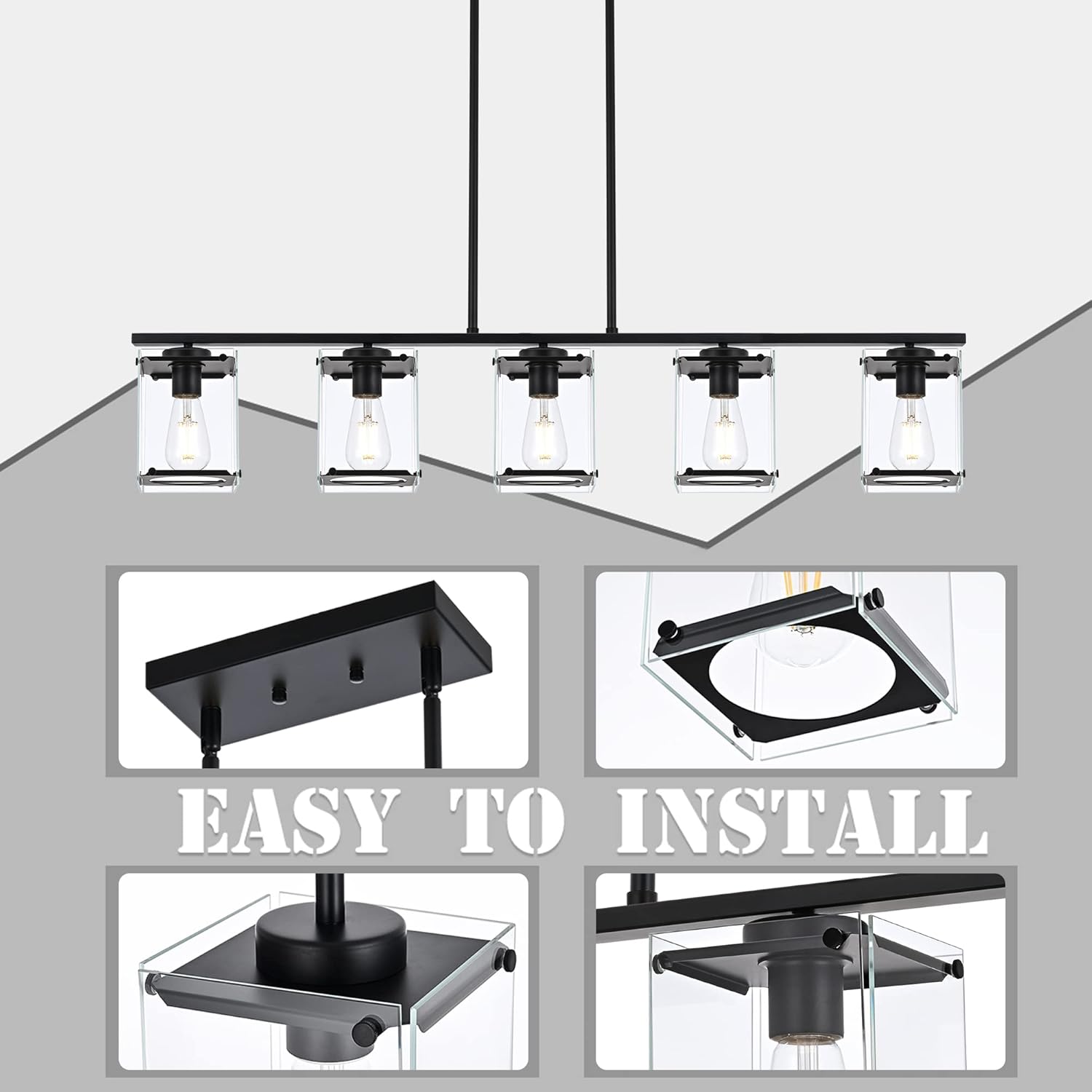 MELUCEE Linear Kitchen Island Lighting with Rectangular Clear Glass Shades 5 Light Chandeliers for Dining Room, Farmhouse Pendant Light Fixture Black for Kitchen Dining Room Living Room