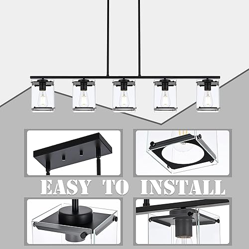 Miniatura 7 de MELUCEE Iluminación lineal de isla de cocina con pantallas rectangulares de vidrio transparente, 5 lámparas de araña para comedor, lámpara colgante