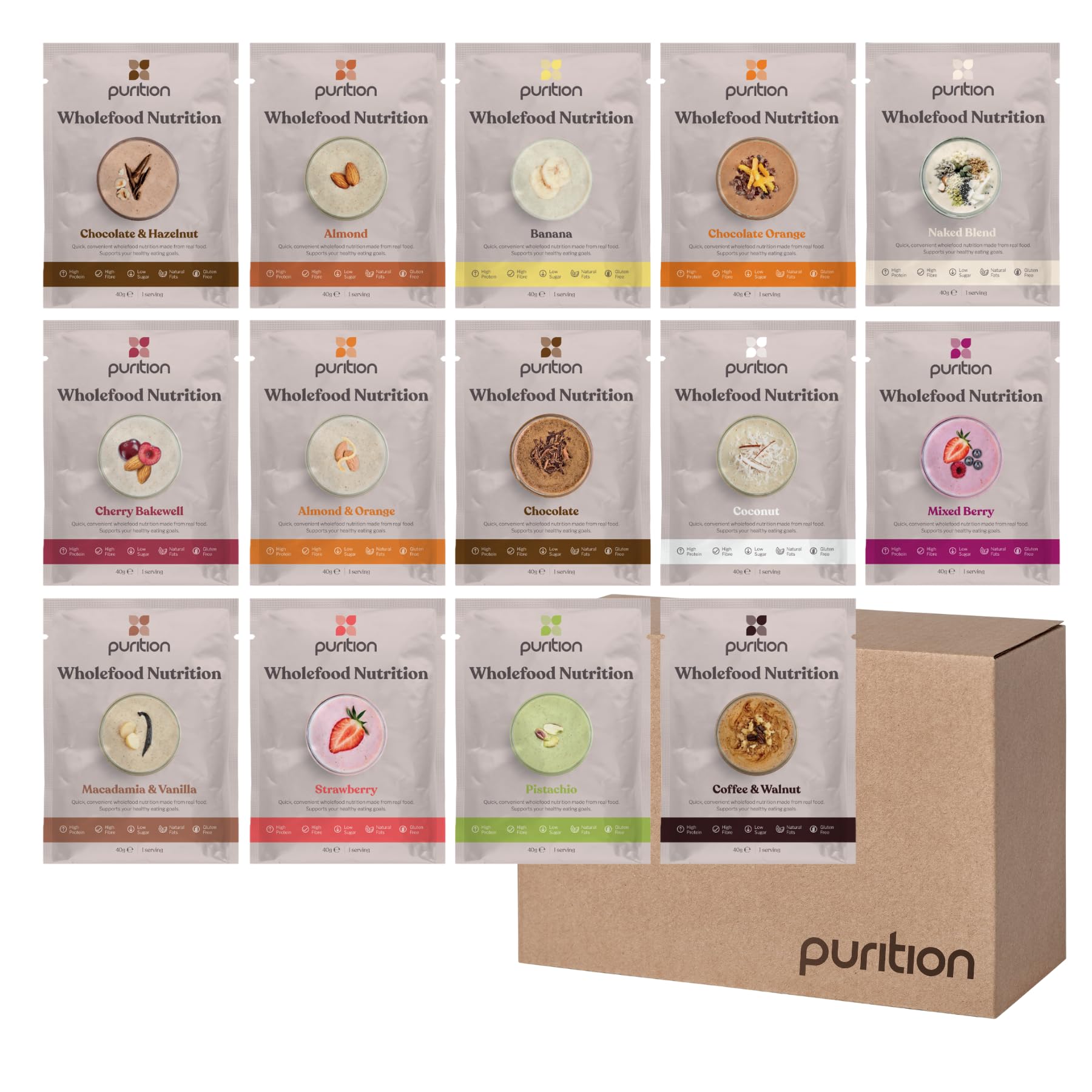 Purition Original Starter Pack | Premium Wholefood Sachets for Healthy Breakfasts, High Protein Powder for Keto Shakes and Smoothies with Only Natural Ingredients for Weight Loss | 14 x 40g sachets