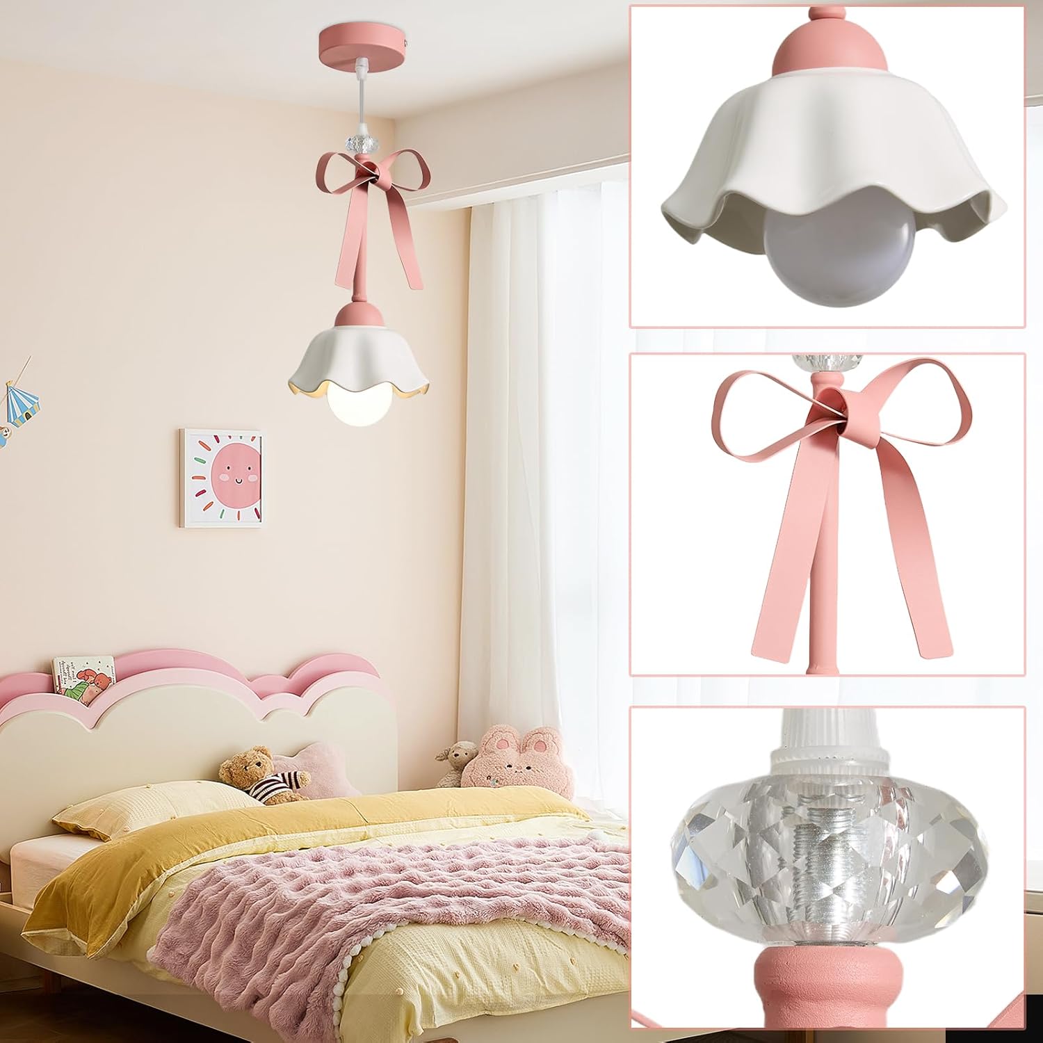 Bow Pendant Light for Girl's Bedroom, Pink Ceramic Ceiling Light Fixture with Crystal Accents, Chandelier Ceiling Light for Bedroom Lighting, Adjustable Hanging Light Fixture for Nursery & Kids Room
