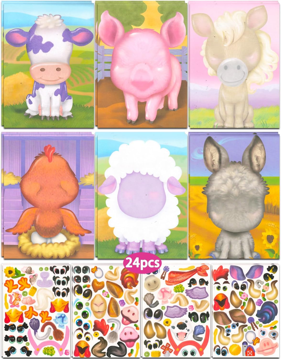 24 Sheets Make A face Stickers for Kids, Make Your Own Sticker Sheets with Farm Animals, Crafts Party Favors Goodie Bags Stuffers for Kids