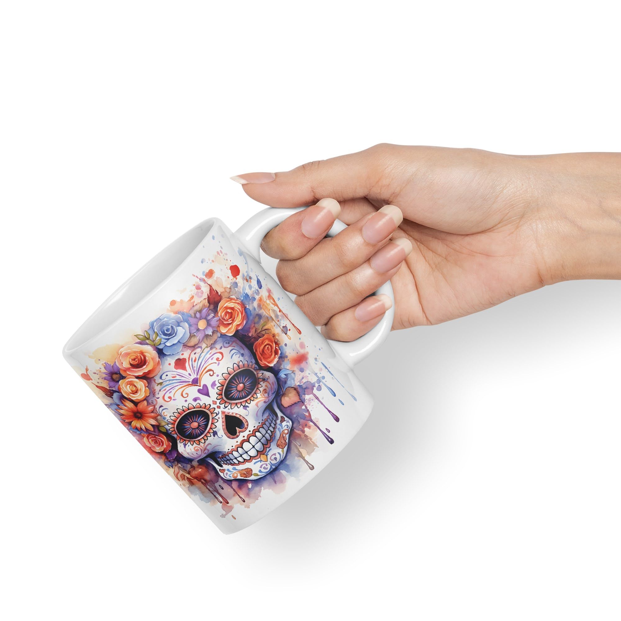 Vixar Sugar Skull and Roses Ceramic Coloured Mug Cup for Tea Coffee Hot Brew 330ml 11Oz Gift sk5 (White) - Image 4