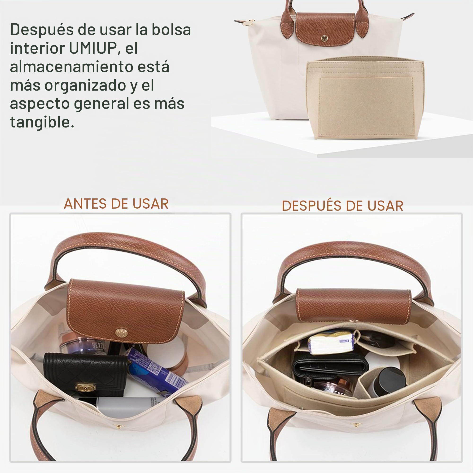 Organizador para bolso Longchamp Le Pliage de tamaño mediano, organizador de bolso de fieltro con portavasos, organizador de bolso con cremallera, 8 compartimentos, beige, L