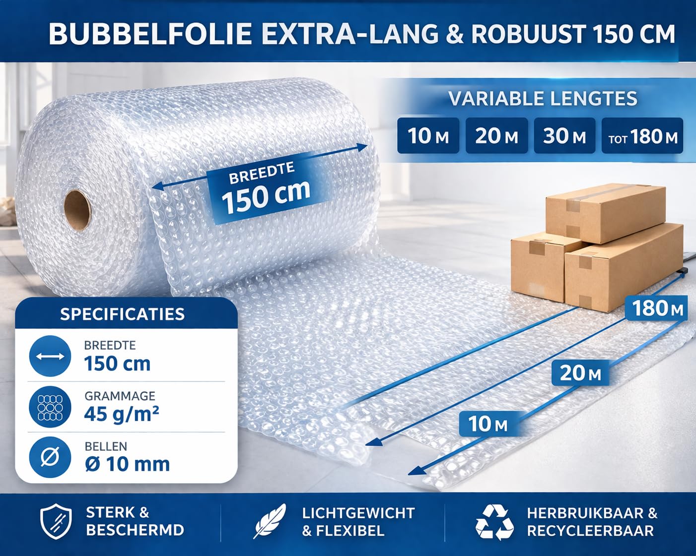 Rotolo Pluriball Extra Large 150 CM - Ideale per Spedizione Trasloco e Trasporto di oggetti fragili e ingombranti - 1 PZ Trasparente - Varie Lunghezze (10Mx1,5M (HxL))