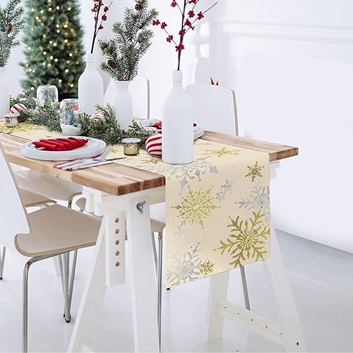 Miniatura 4 de Bonhause Camino de mesa de copos de nieve de invierno de 13 x 72 pulgadas, plateado y dorado, decoración de mesa de comedor de cocina para
