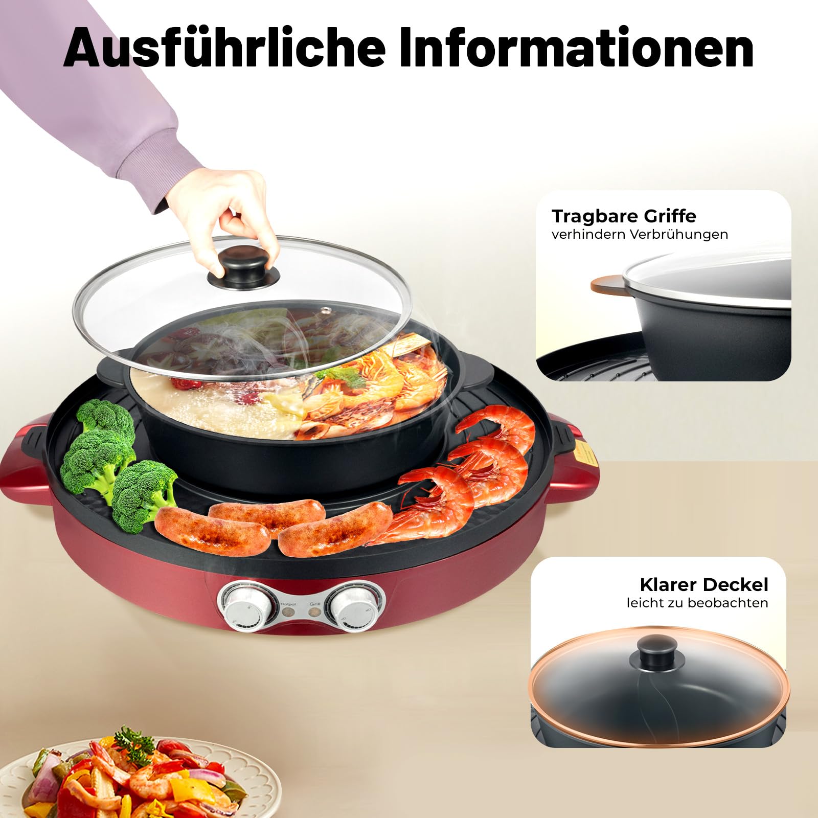 2200W Hot Pot Elektrischer, 2 in 1 Hotpot und Tischgrill für 5-6 Personen Electric Hot Pot Indoor Korean BBQ Grill Thai Barbecue Fondue Raclette für Restaurant, Hotpot-Resta (2200W)