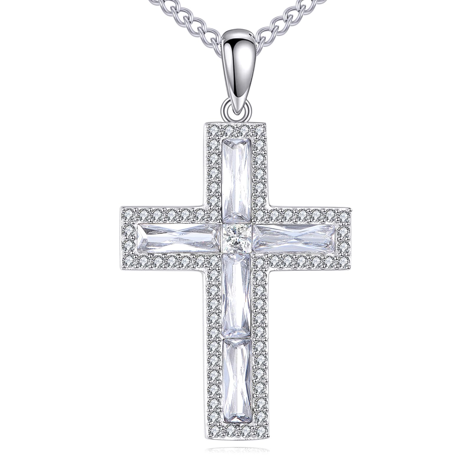 YFN Kreuz Halskette Sterling Silber Kubischer Zirkoniumdioxid Kreuz Anhänger Kette Religiös Schmuck Geschenke für Damen Herren (Weiß)