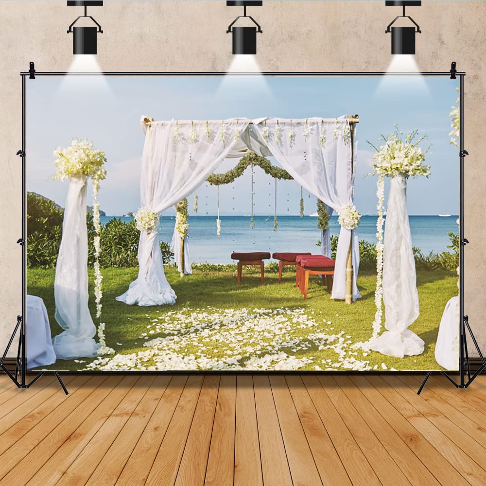 Bovlleetd 9x6ft Outdoor Wedding Background Flower Shed White Flowers Road Photography Background Blue Sea Lawn Photography Backdrop for Wedding Ceremony Decoration Banner - Image 3