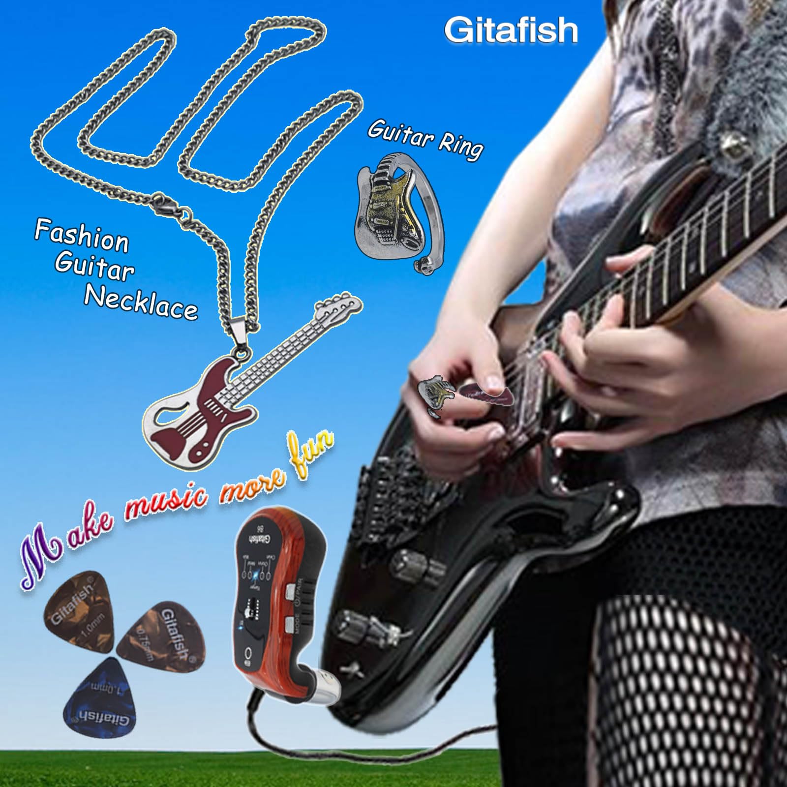 Bass-Kopfhörer-Verstärker, tragbarer Bluetooth-Kopfhörer, Gitarren-Kopfhörer, Bluetooth-Kopfhörer-Verstärker, Gitarren-Halskette, tragbarer Bassverstärker, mehrere Effekt-Verstärker: Chorus