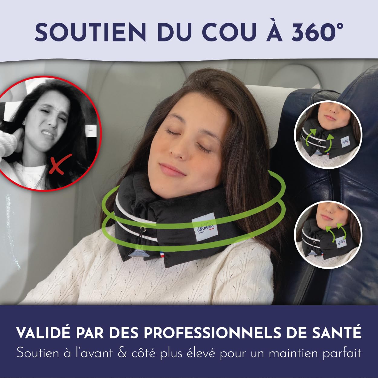 Coussin de Voyage Coussin Avion Ergonomique 3 en 1 - Oreiller de Voyage Ultra Confort - Pratique & Compact - Fabriqué en France - Lavable en Machine - Velours Noir