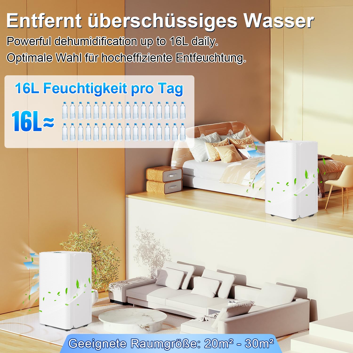 Randaco Osuszacz powietrza 16 l w 24 h wydajność osuszania, wielkość pomieszczenia ok. 15-20 m² z wyświetlaczem LED, bardzo cichy, suszenie prania, timer, ochrona przed wilgocią, pleśnią, filtrowaniem