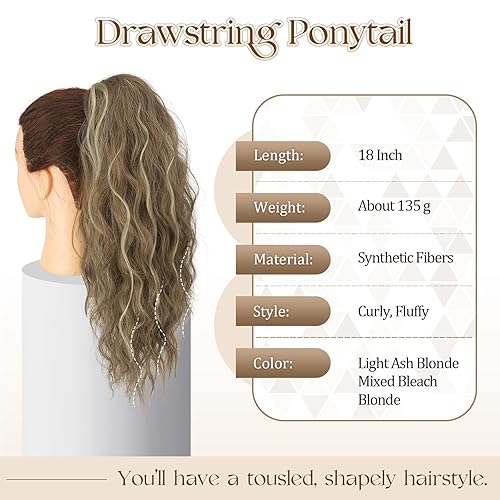 Miniatura 2 de Extensión de cola de caballo rizada con cordón de 18 pulgadas, pelo sintético de aspecto natural para mujer, elegante cola de caballo para uso