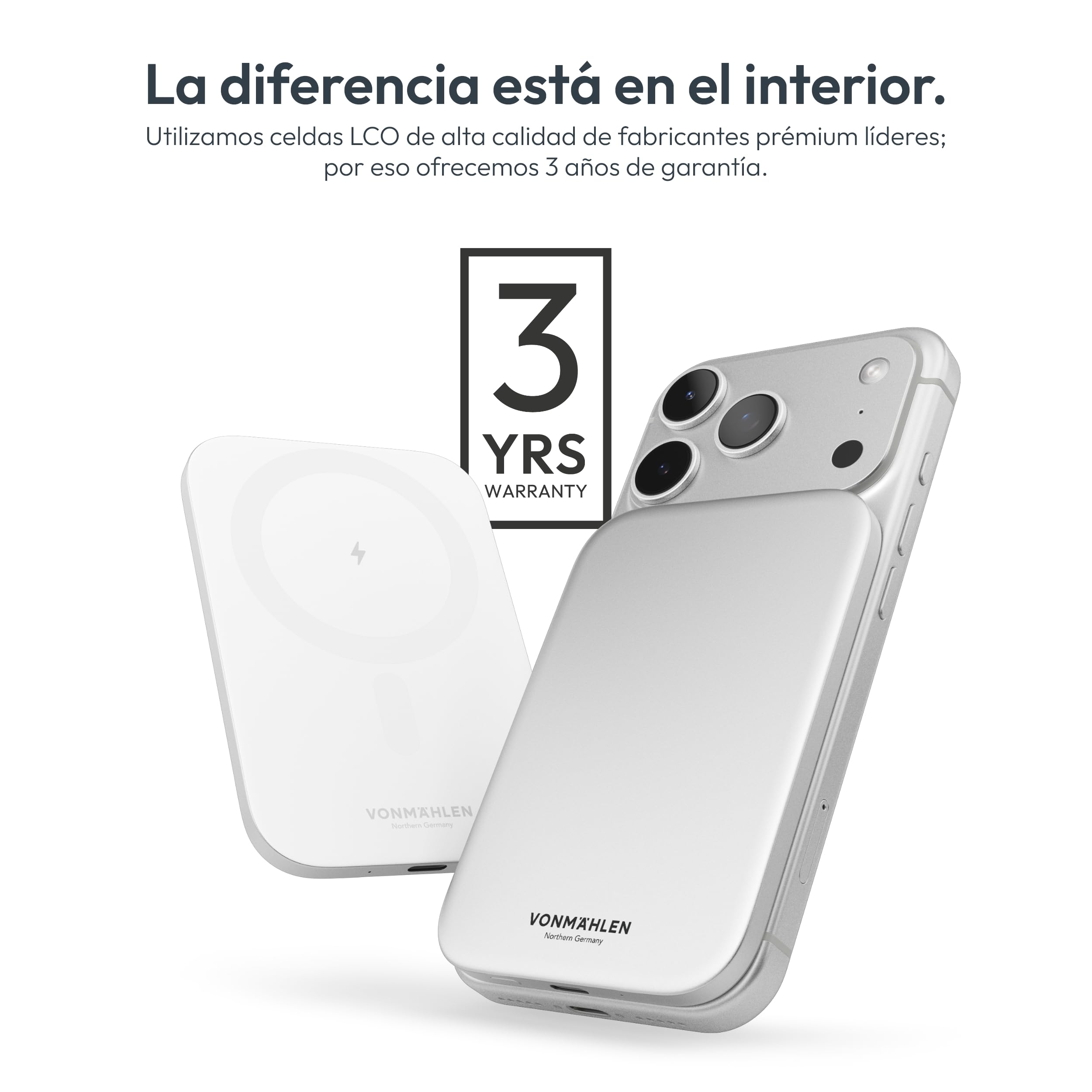 VONMÄHLEN Evergreen Mag - Batería externa inalámbrica compatible con MagSafe - Cargador portátil con 3000 mAh y 7,5 W de carga inalámbrica, batería externa magnética, 3 años de garantía, solo 5,8 mm