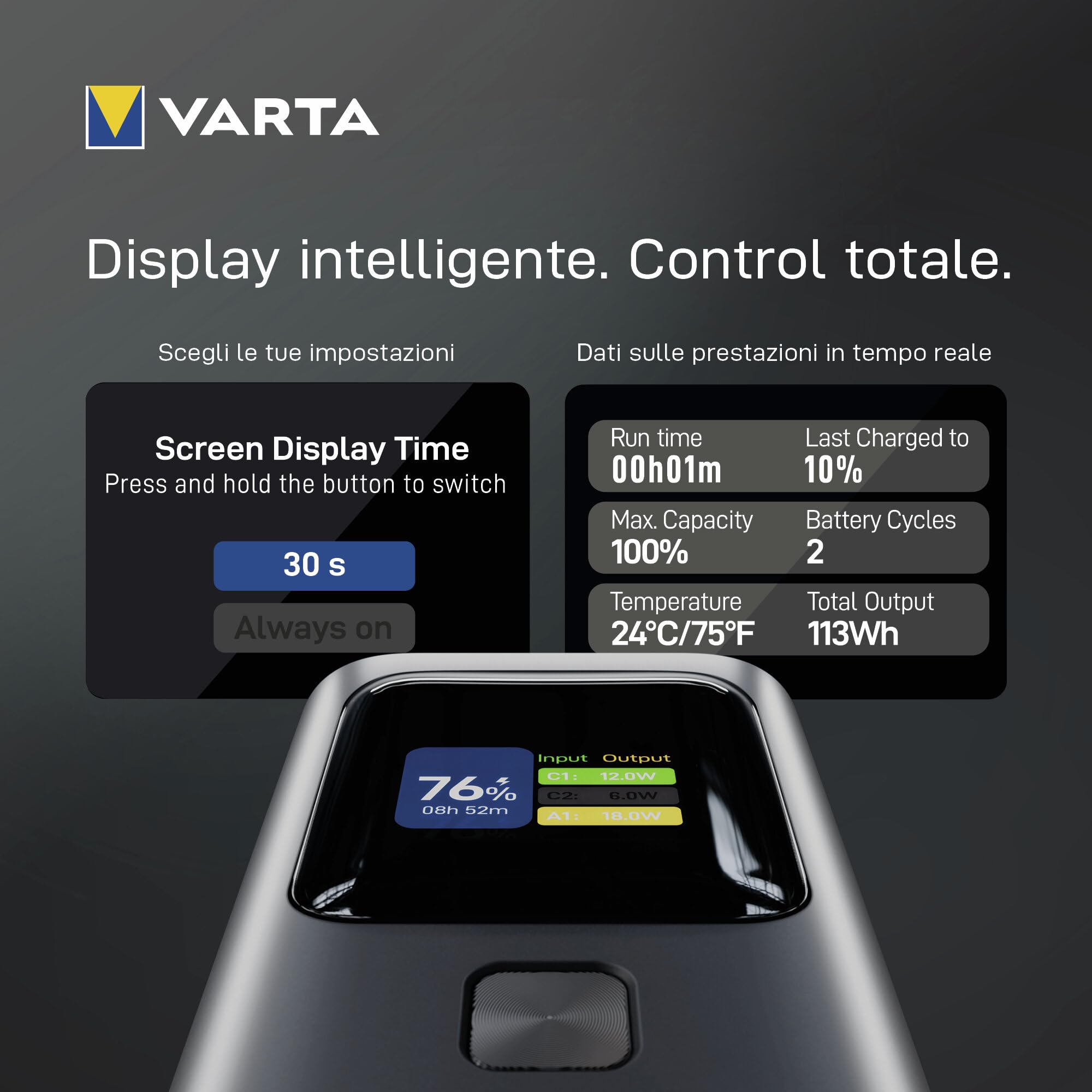 VARTA Powerbank 27000 mAh, High Speed, 140 W alluminio | per Laptop, smartphone, Tablet e Drohne, 2x USB C PD, 1x USB A Quick Charge 18 W, Smart Display, flugtauglich