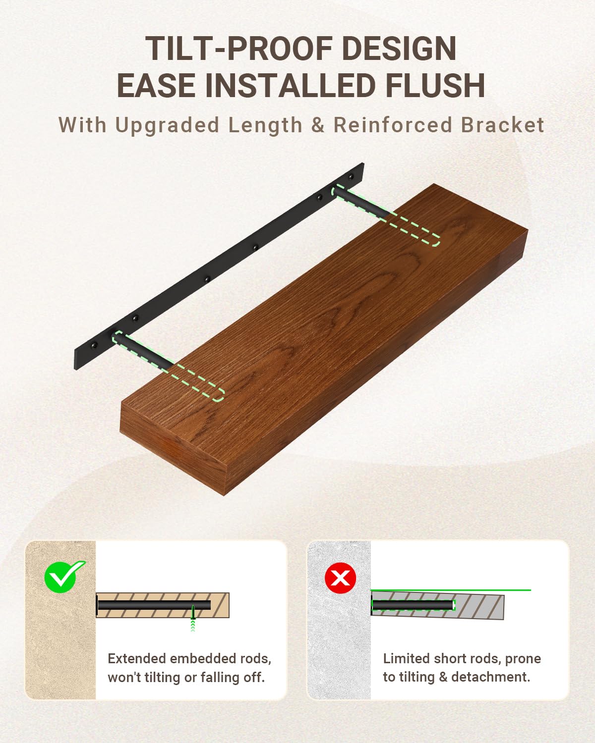 QueenFun 36 Inch Long Floating Shelf for Wall, Walnut Wood Floating Shelves Wall Mounted, Walnut Wall Shelves for Bedroom Kitchen Living Room, 36x 8 x 2 Inch Floating Book Shelves, 50LBS Capacity