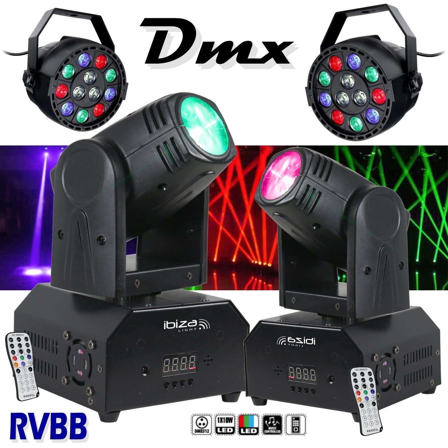 Ibiza light - PACK DJ 4 JEUX DE LUMIÈRE 2 LYRES LMH250-RC 2 PARLED 7x12W DMX - PA SONO DJ MOBILE DISCO MARIAGE ANNIVERSAIRE