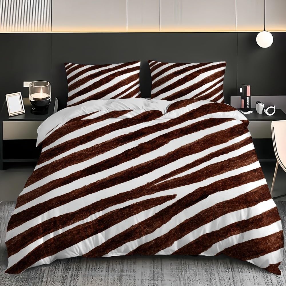 Brązowe paski zestaw poszewek na kołdrę w super king size, zwierzęce paski, miękka poszewka na kołdrę, całoroczna poszewka na kołdrę 260 x 220 cm, szczotkowana mikrofibra, hipoalergiczne zestawy