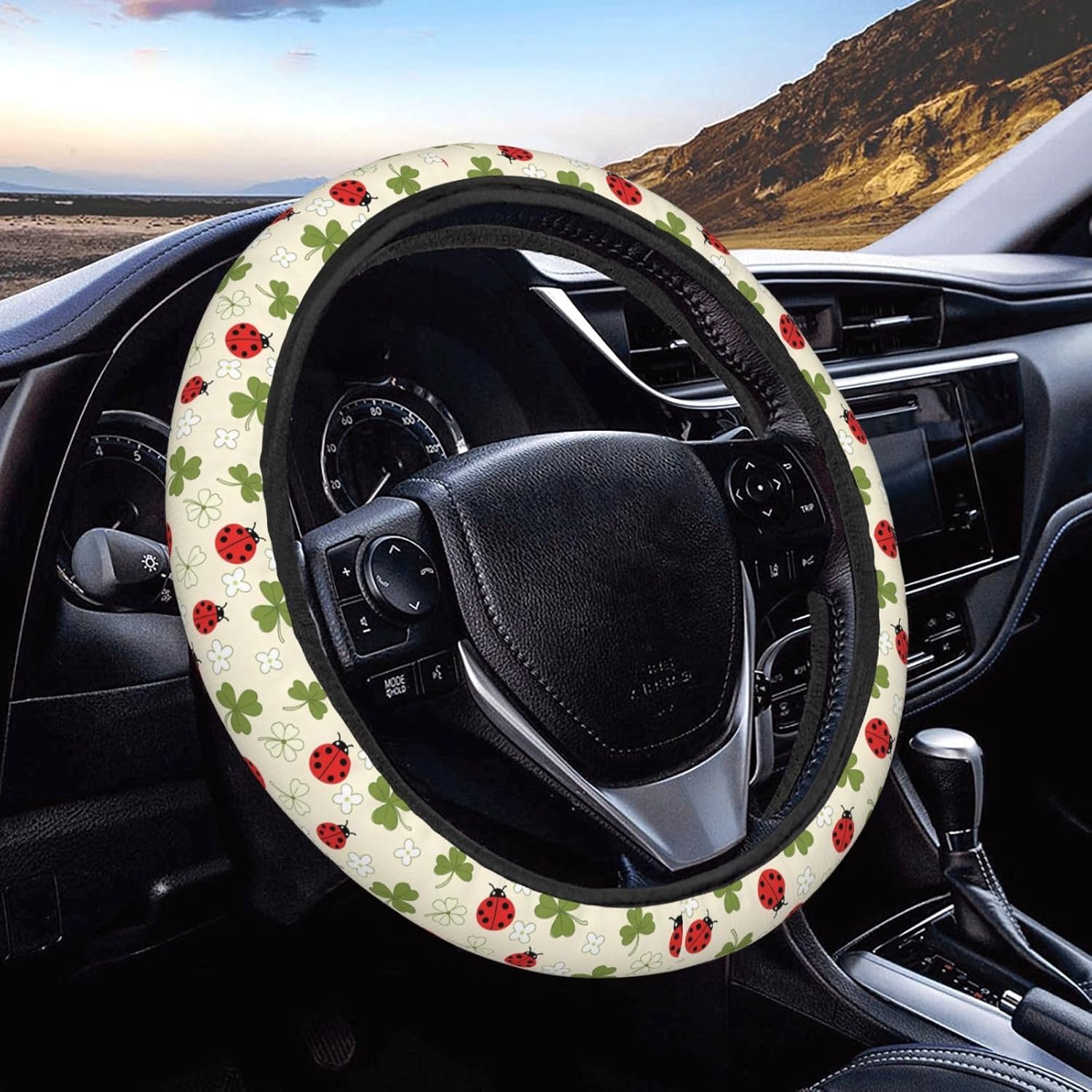 Steering Wheel Cover Neoprene Universal 15 Inch Anti-Slip Car Wheel Protector St. Patrick's Day Red Ladybugs Green Shamrock Flower Car Accessories for Men Women Fits Most Auto SUV Truck