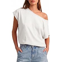 Womens Summer Off The Shoulder Boat Neck Tops Casual Short Sleeve Basic Tee Loose Cotton T-Shirt