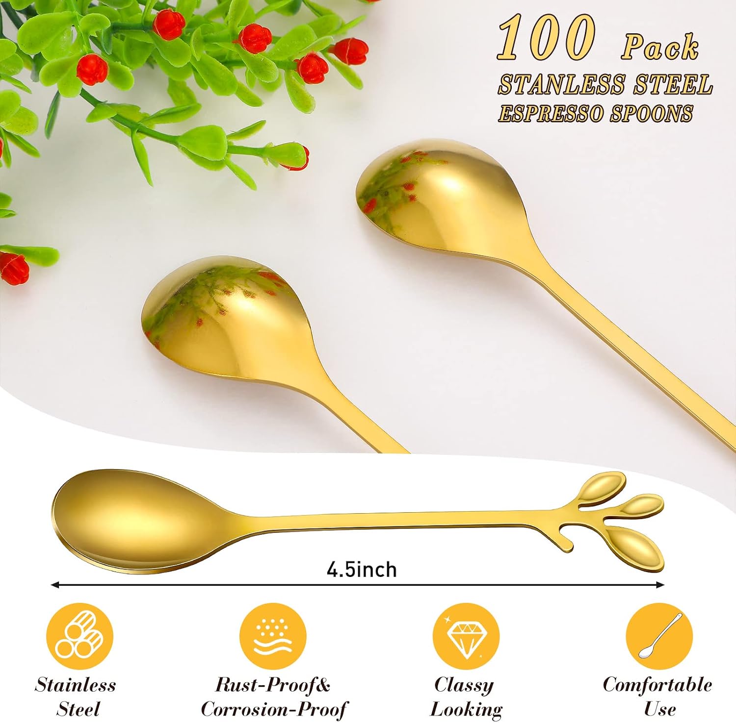 Meanplan 100 Pcs Demitasse Espresso Spoons Tea Spoon Bulk 4.33",Leave,Gold