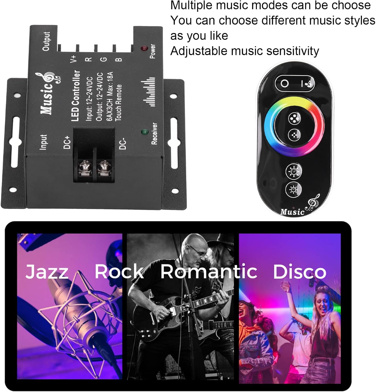 LED Controller, Music Touch Controller LED Touch Controller LED Music Controller High Sensitivety RGB Strip Light Controller for Household Bar DC 12V-24V