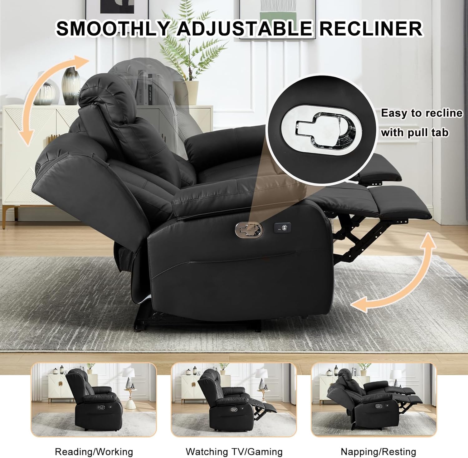 Loveseat Recliner Sofa, RV Recliner Couch, Manual Reclining Loveseat with Console for Living Room, Home Theater Seating with AC/USB C/USB LED Light Drawer (Black,Loveseat with Console)